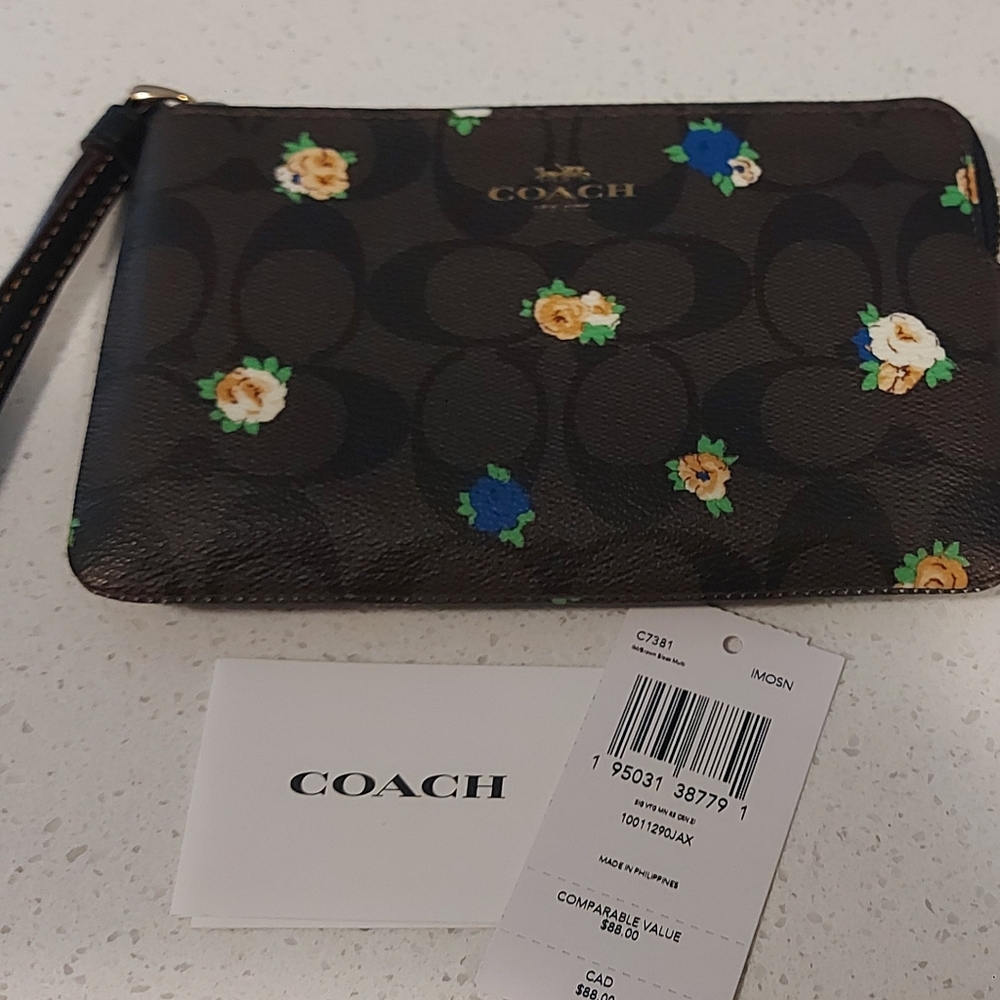 Coach Dark Brown Wristlet with Floral Accents